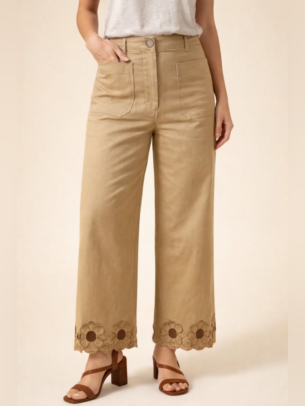 New nwt blue velvet khaki stretch embroidered hem pants S M L XL